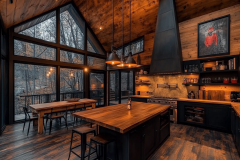 Rustic-modern barndominium kitchen with warm wood tones, industrial lighting, and a large center island, overlooking a scenic outdoor view.