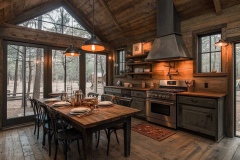 Rustic barndominium kitchen and dining area with warm wood tones, industrial lighting, and large windows showcasing the natural surroundings.
