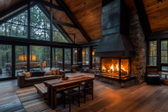 Stunning barndominium living space featuring a floor-to-ceiling stone fireplace, expansive glass walls, and warm wood interiors.