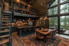 Rustic barndominium interior with an open loft, dark wood accents, and a cozy farmhouse dining area overlooking scenic views.