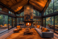 Stunning glass-walled barndominium living room with warm wood tones, a cozy fireplace, and breathtaking forest views.