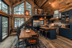 Cozy and stylish barndominium interior with rustic wood finishes, navy cabinetry, and an open loft design.