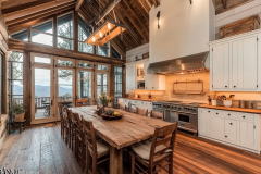 Stunning barndominium kitchen with vaulted ceilings, rustic wood beams, and an open-concept dining area with breathtaking views.