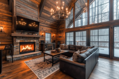 A rustic barndominium living room featuring a floor-to-ceiling fireplace, reclaimed wood walls, and large windows that bring in natural light for a cozy yet elegant cabin feel.