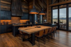 A stunning modern rustic kitchen with dark cabinetry, warm wood accents, and industrial lighting, featuring a breathtaking view through floor-to-ceiling windows.