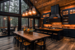 A stunning barndominium kitchen and dining area featuring rustic wood accents, modern black cabinetry, warm lighting, and floor-to-ceiling windows with scenic forest views.