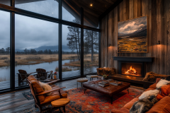 A breathtaking barndominium interior with floor-to-ceiling windows, a cozy fireplace, and rustic decor, offering stunning views of the serene outdoor landscape.