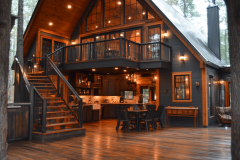 A stunning modern-rustic barndominium with an open-concept design, warm wood finishes, a spacious loft, and an inviting outdoor deck for the perfect blend of indoor and outdoor living.