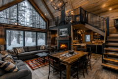 A cozy and inviting barndominium interior featuring a warm fireplace, vaulted ceilings, large windows with scenic views, and a charming loft overlooking the open-concept living and dining area.
