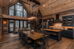 A stunning barndominium interior with a warm, rustic design, featuring an open-concept kitchen, dining, and living space with wood accents and modern farmhouse charm.