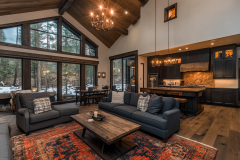 A luxurious barndominium interior with a cozy living space, vaulted ceilings, large windows, and a modern farmhouse kitchen, blending rustic charm with contemporary elegance.