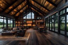 Modern rustic barndominium with open-concept living and stunning floor-to-ceiling windows.