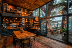 Rustic-modern café with warm lighting, wooden interiors, and an open-air patio.