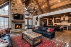 Rustic living room with a vaulted ceiling, stone fireplace, and open-concept kitchen.
