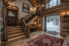 Rustic barndominium entryway with a grand wooden staircase, log walls, and a warm, welcoming atmosphere overlooking a snowy landscape.