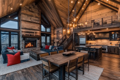 Stunning rustic-modern barndominium with an open floor plan, exposed wood beams, and a cozy fireplace, blending warmth and elegance in a luxurious retreat.
