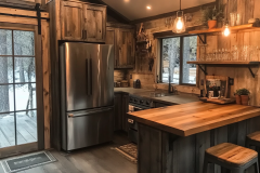 Rustic barndominium kitchen featuring reclaimed wood cabinetry, butcher block countertops, and warm industrial lighting for a cozy farmhouse feel.