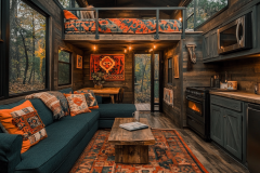 Cozy and rustic barndominium interior featuring a lofted sleeping area, warm wood accents, and vibrant Southwestern-inspired décor for a charming cabin retreat.