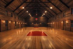 Incredible barndominium interior featuring a full-sized indoor basketball court with rich wood finishes, high vaulted ceilings, and warm ambient lighting.