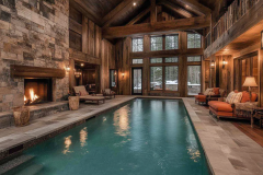 Cozy and luxurious barndominium interior featuring a heated indoor pool, grand stone fireplace, and rich wood accents for a warm and inviting retreat.