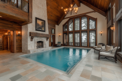 Elegant barndominium interior featuring a serene indoor pool, grand stone fireplace, and rustic wood accents for a cozy yet luxurious retreat.