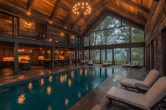 Rustic luxury meets modern comfort in this stunning barndominium interior featuring a heated indoor pool, warm wood finishes, and cozy ambient lighting.