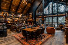 Rustic barndominium interior with a cozy lounge, fireplace, and rich wood accents.