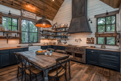 Rustic farmhouse kitchen with dark cabinetry, open shelving, and a cozy dining area.