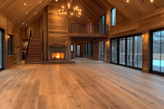 Spacious barndominium interior with vaulted ceilings and warm wooden finishes.