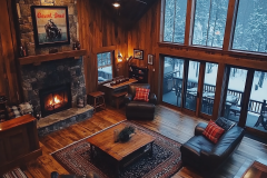 Rustic barndominium living room with a stone fireplace and panoramic winter views.