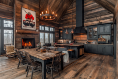 Cozy rustic barndominium kitchen with dark wood tones, a fireplace, and farmhouse-style decor.
