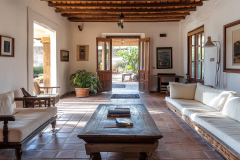 Bright and airy rustic barndominium living space with natural wood accents and terracotta flooring.