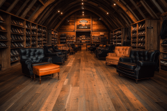 Rustic barndominium library with arched wooden ceilings, cozy leather seating, and warm ambient lighting.