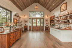 Bright and airy barndominium interior with vaulted ceilings, warm wood tones, and charming farmhouse-style decor.