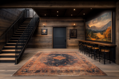 Sophisticated barndominium interior with dark wood accents, a stylish staircase, and a vintage-inspired aesthetic.