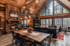 Rustic yet modern barndominium interior with warm wood tones, vaulted ceilings, and large windows offering a scenic view.