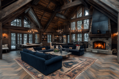 Cozy and luxurious dark-toned barndominium interior featuring exposed beams, a stone fireplace, and plush navy seating for a warm rustic ambiance.
