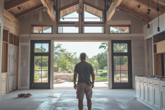 A man standing in a partially completed barndominium, admiring the high ceilings and large windows.
