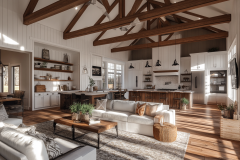A beautifully designed barndominium interior featuring exposed wooden beams, white walls, and an open-concept living space with a cozy yet modern farmhouse feel.