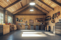 Rustic barndominium workshop with warm wood interiors, vaulted ceilings, and organized storage for a functional workspace.