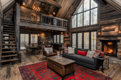 Stunning rustic barndominium living room with vaulted ceilings, exposed beams, a cozy fireplace, and a lofted second level.