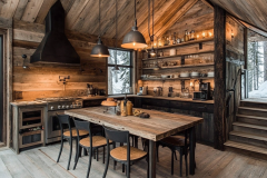 Elegant rustic barndominium kitchen with open shelving, reclaimed wood, and warm industrial lighting for a cozy farmhouse feel.