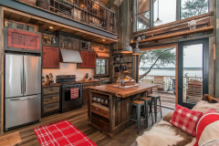 Rustic barndominium kitchen with reclaimed wood, open shelving, and a cozy loft overlooking stunning outdoor views.