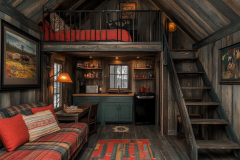 Rustic barndominium interior featuring a cozy loft, warm wood tones, and farmhouse-inspired décor.