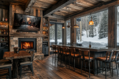 A rustic barndominium interior featuring a cozy fireplace, warm wood tones, and a fully stocked bar with scenic winter views.