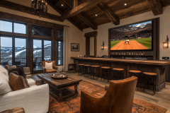 A luxurious barndominium entertainment room featuring a full bar, cozy seating, and a massive TV screen with a breathtaking mountain view.