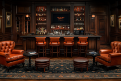A luxurious barndominium interior with a sophisticated home bar, rich wood paneling, and plush leather seating, creating the perfect space for entertaining.