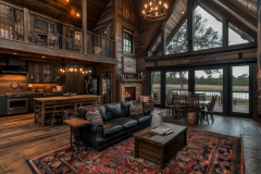 A rustic barndominium interior featuring a cozy living space with a loft, wood beam ceilings, and a warm fireplace overlooking a scenic waterfront.