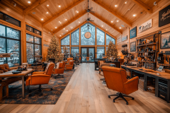 A stunning barndominium interior featuring vaulted ceilings, warm wood accents, and cozy holiday decor for the perfect rustic retreat.