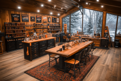 A beautifully designed barndominium interior featuring warm wood accents, expansive windows, and a rustic yet modern workspace.